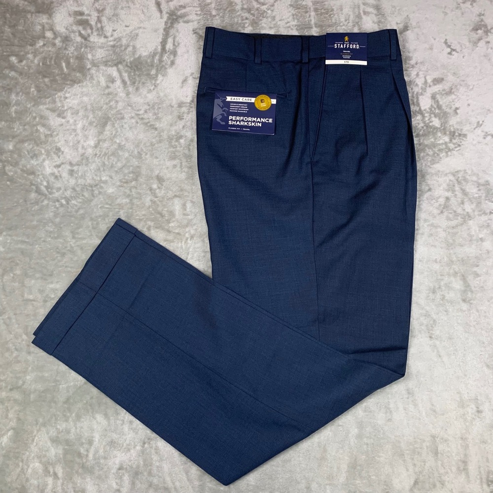 Stafford Travel Performance Sharkskin Dress Pants Mens 40x34 Navy Pleated NEW